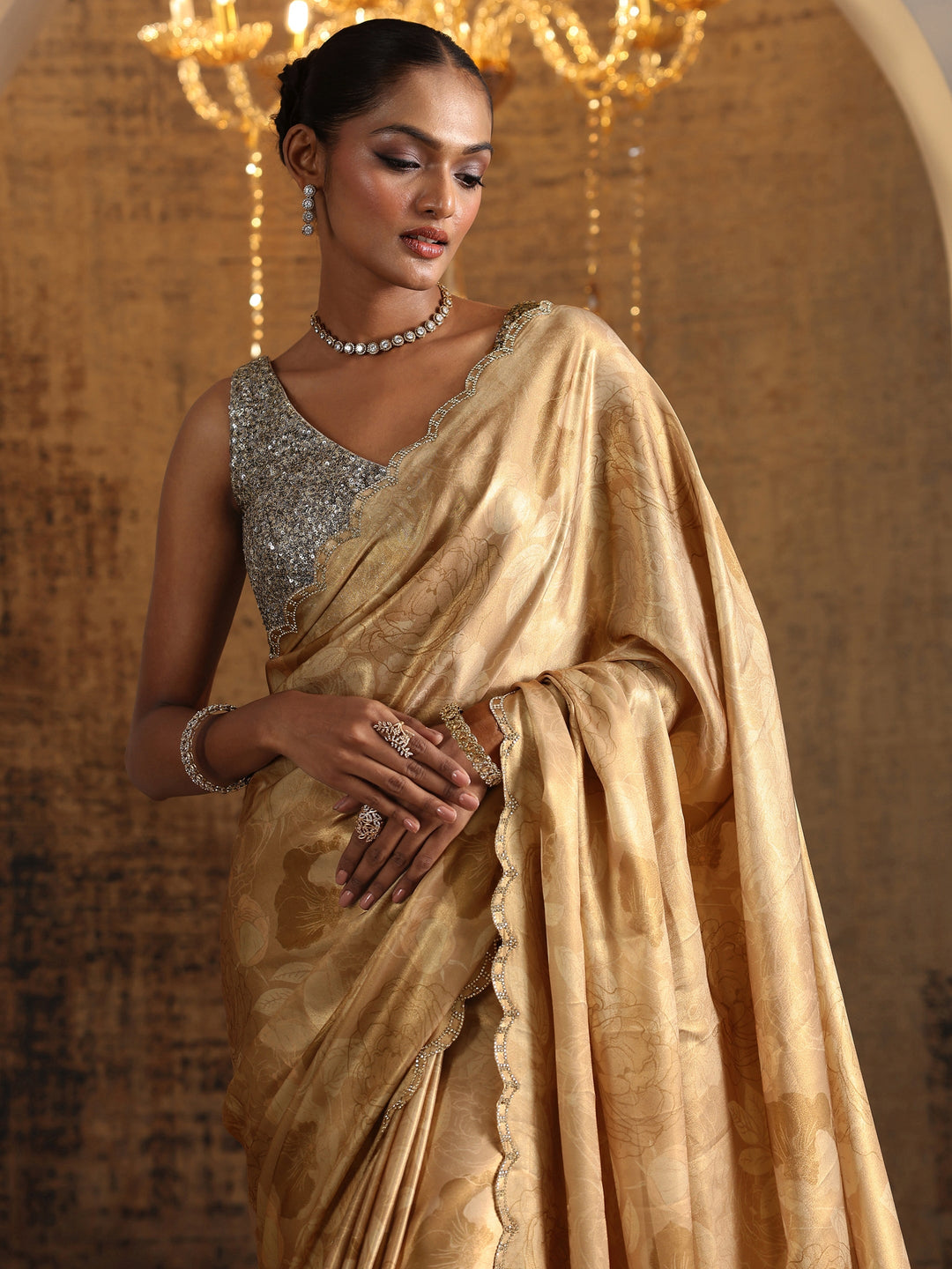  Brown Printed Satin Saree With Unstitched Blouse Piece 