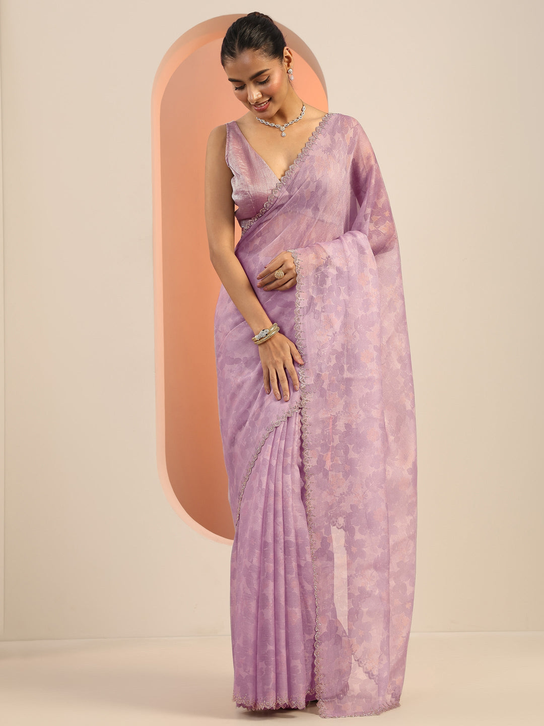  Lavender Printed Organza Saree With Unstitched Blouse Piece 