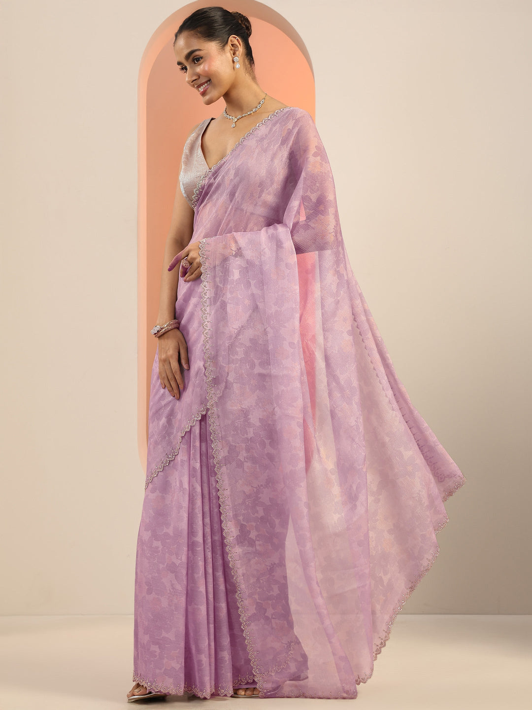  Lavender Printed Organza Saree With Unstitched Blouse Piece 