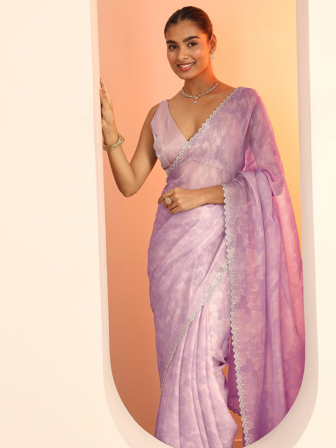  Lavender Printed Organza Saree With Unstitched Blouse Piece 