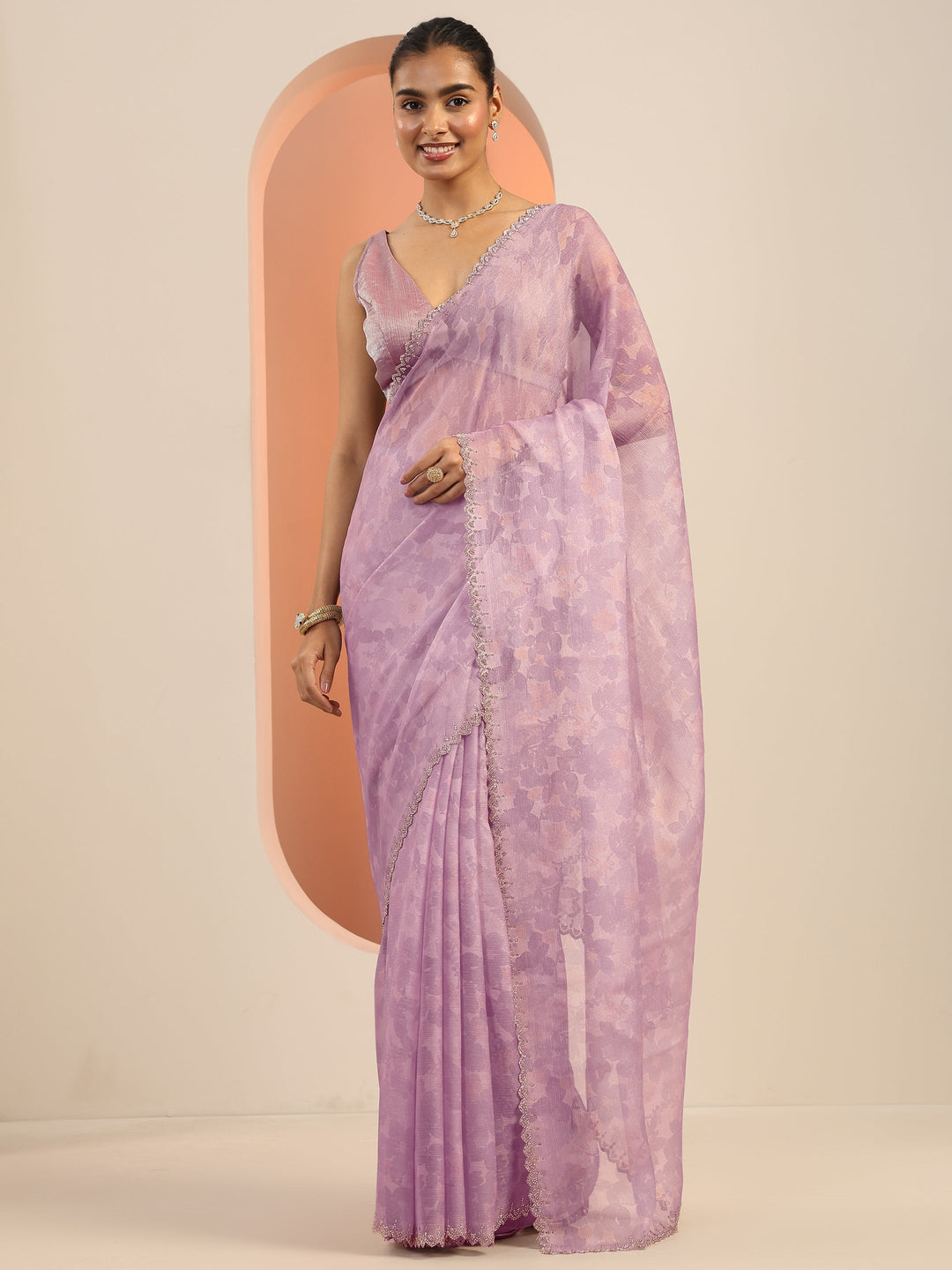  Lavender Printed Organza Saree With Unstitched Blouse Piece 