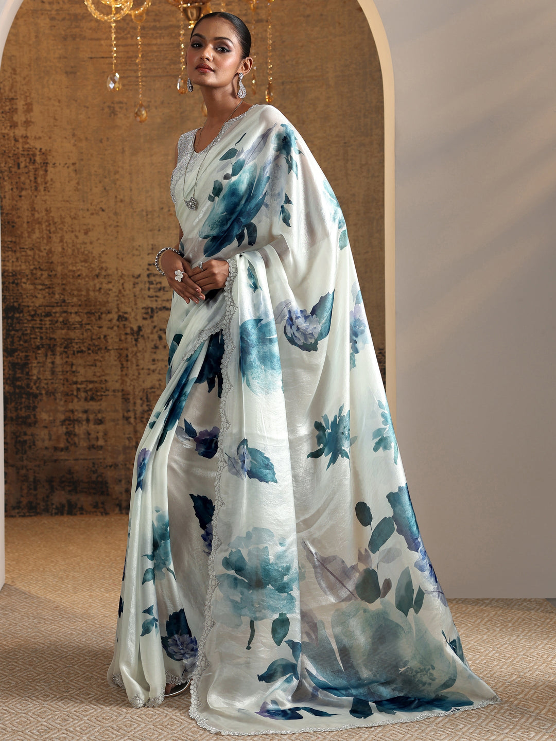  Blue Printed Satin Saree With Unstitched Blouse Piece 