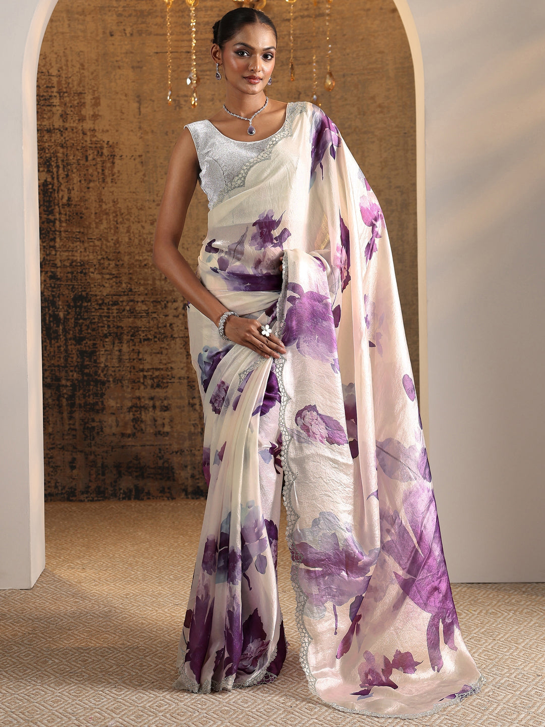  Purple Printed Satin Saree With Unstitched Blouse Piece 
