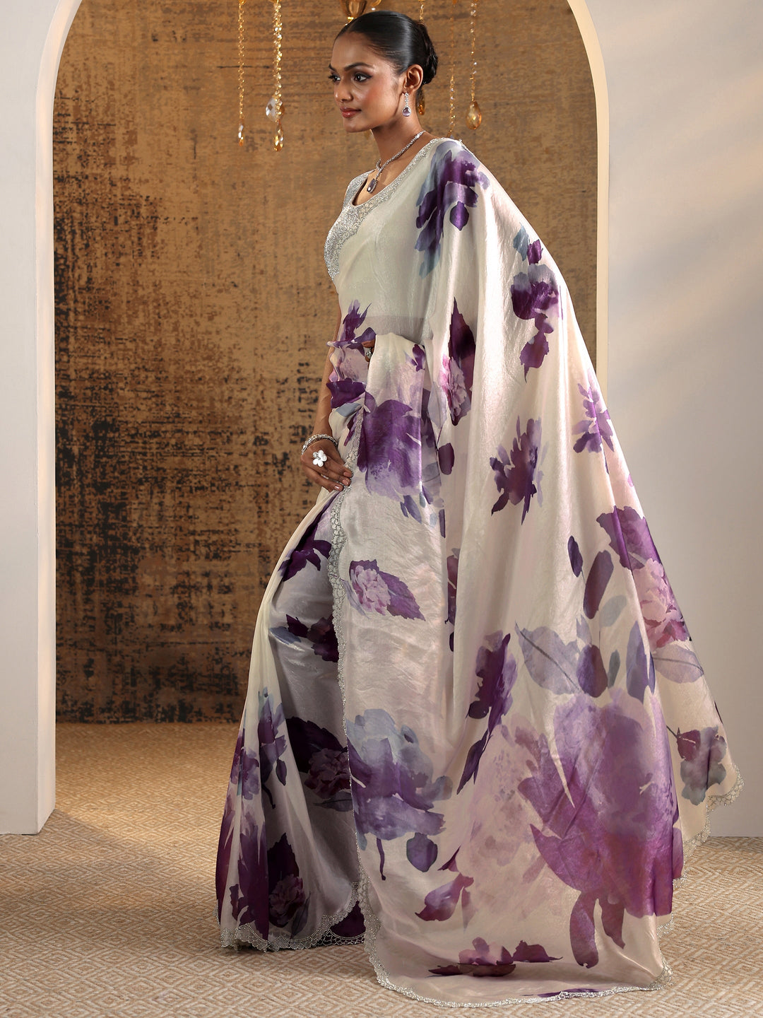  Purple Printed Satin Saree With Unstitched Blouse Piece 
