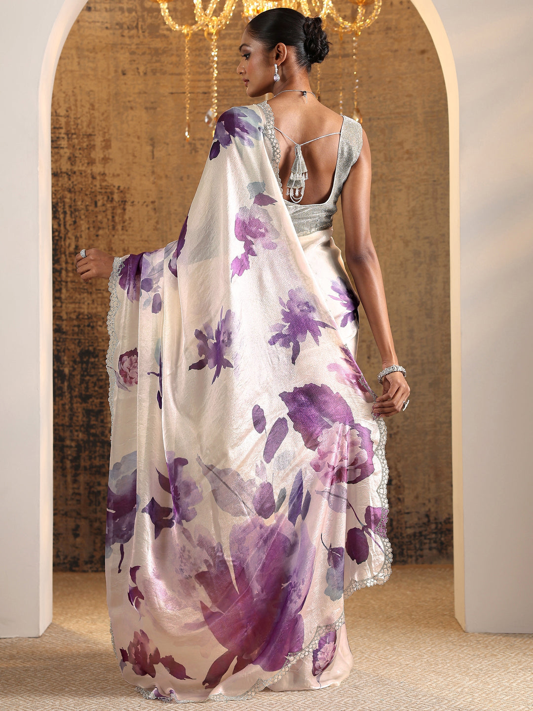  Purple Printed Satin Saree With Unstitched Blouse Piece 