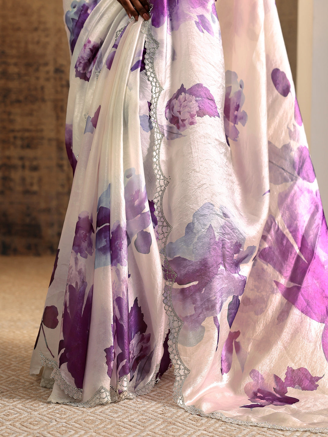  Purple Printed Satin Saree With Unstitched Blouse Piece 
