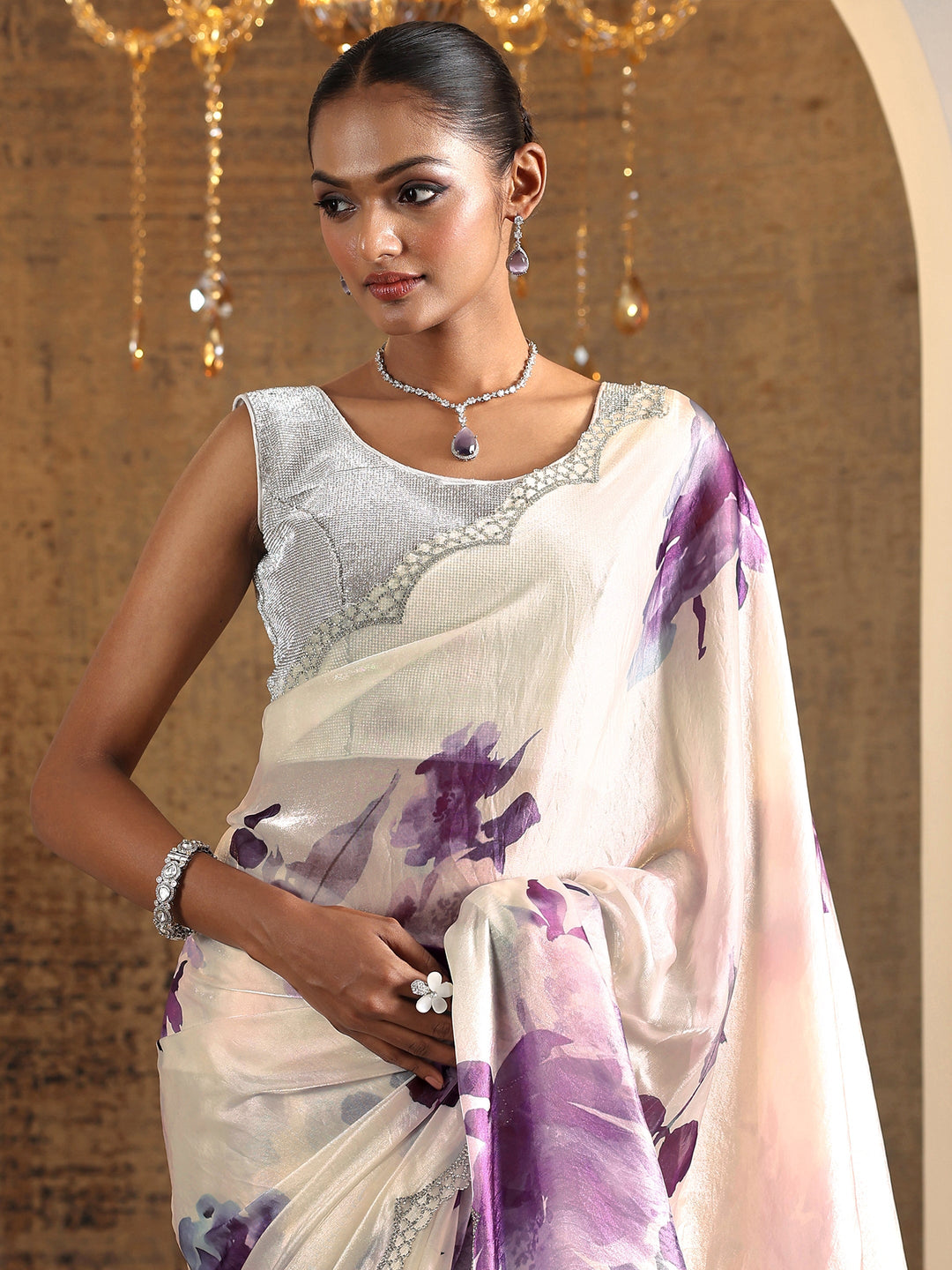  Purple Printed Satin Saree With Unstitched Blouse Piece 