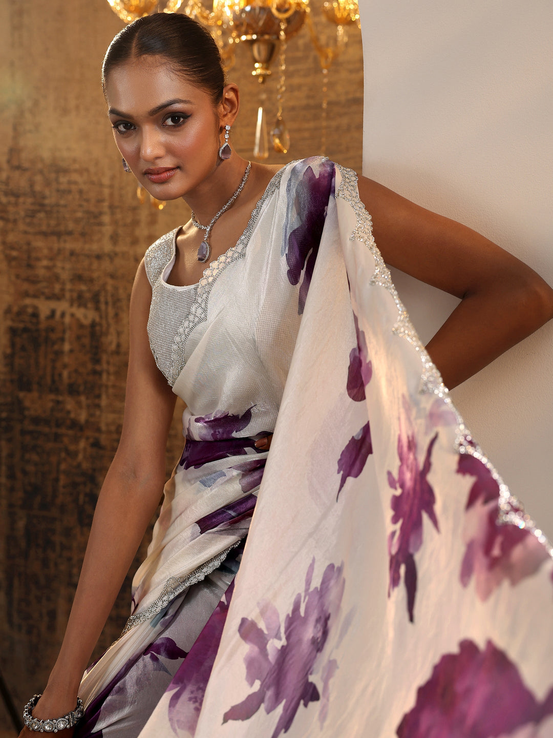  Purple Printed Satin Saree With Unstitched Blouse Piece 