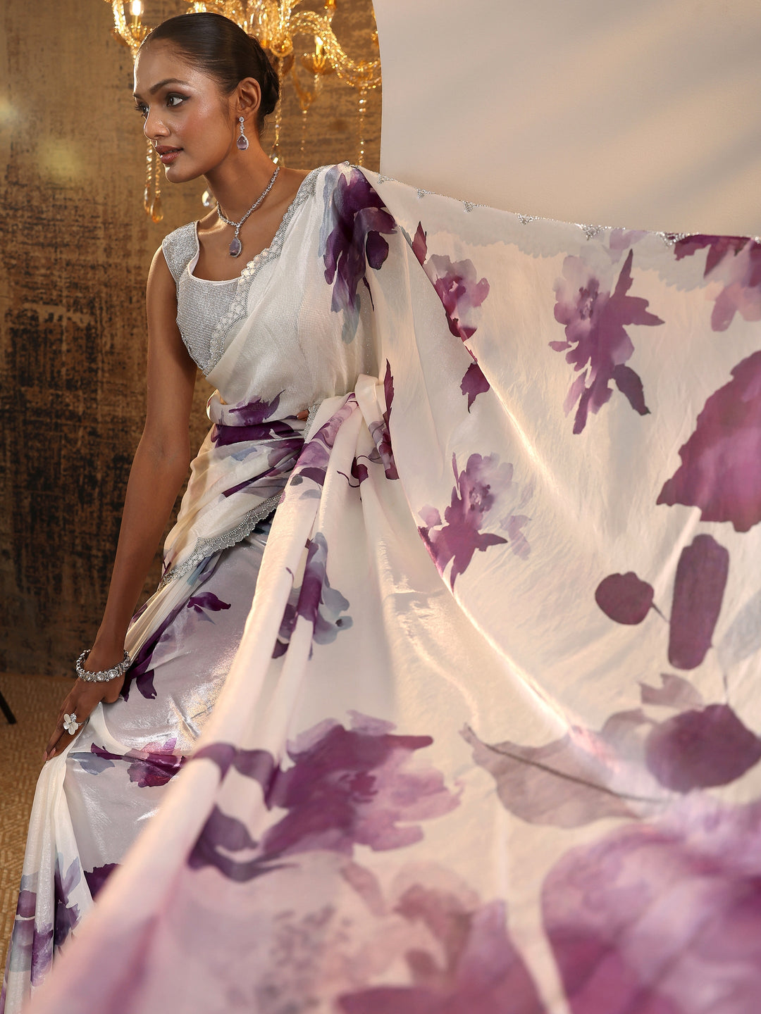  Purple Printed Satin Saree With Unstitched Blouse Piece 