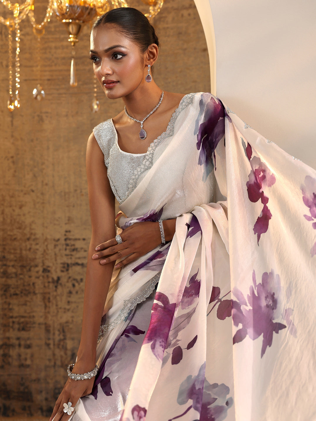  Purple Printed Satin Saree With Unstitched Blouse Piece 
