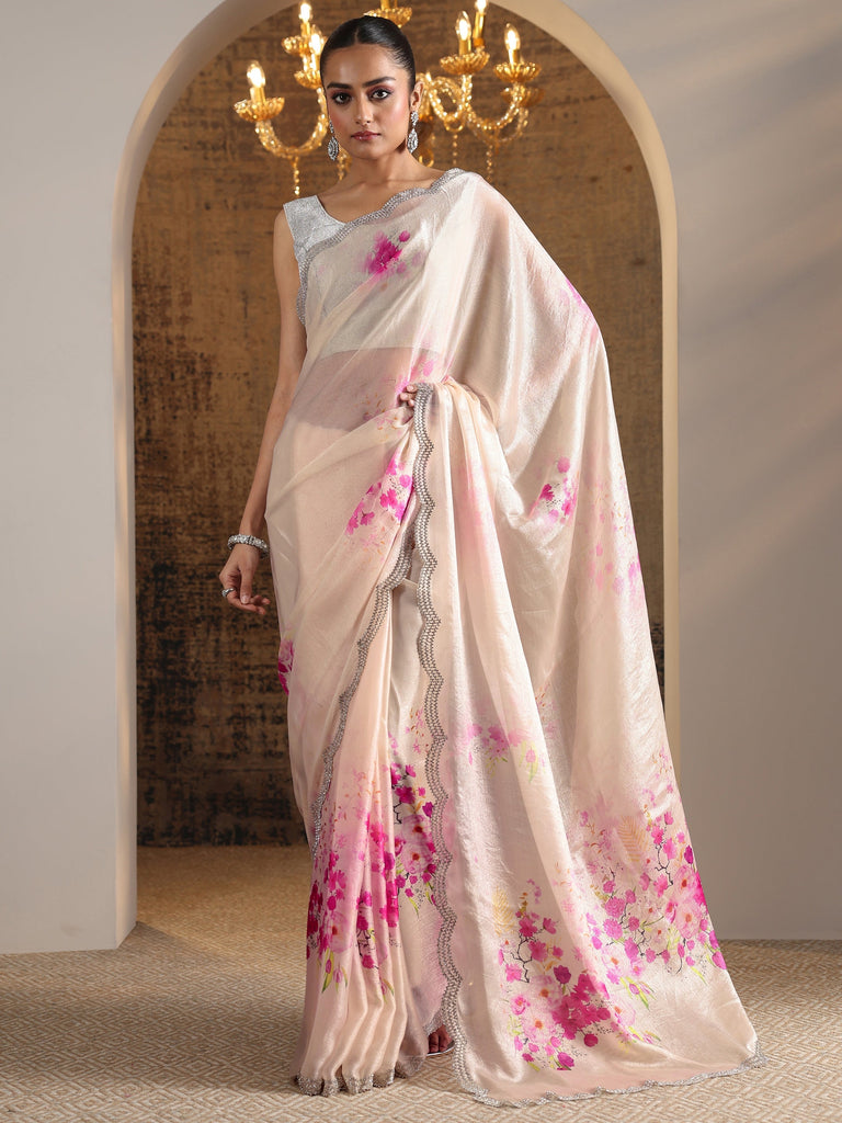 Libas Pink Printed Satin Saree With Unstitched Blouse Piece