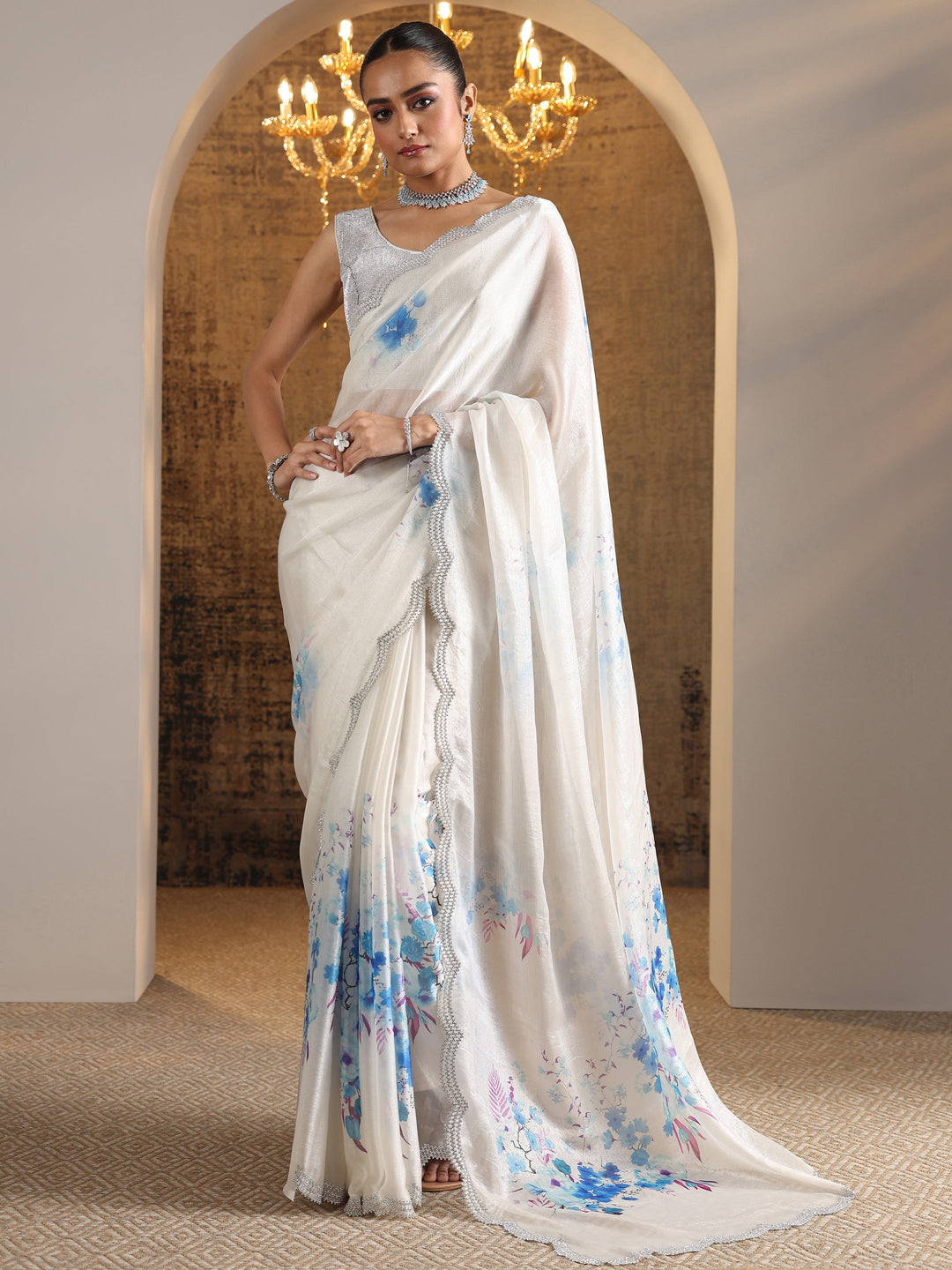  Blue Printed Satin Saree With Unstitched Blouse Piece 