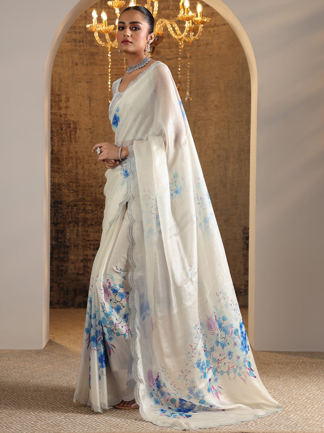  Blue Printed Satin Saree With Unstitched Blouse Piece 