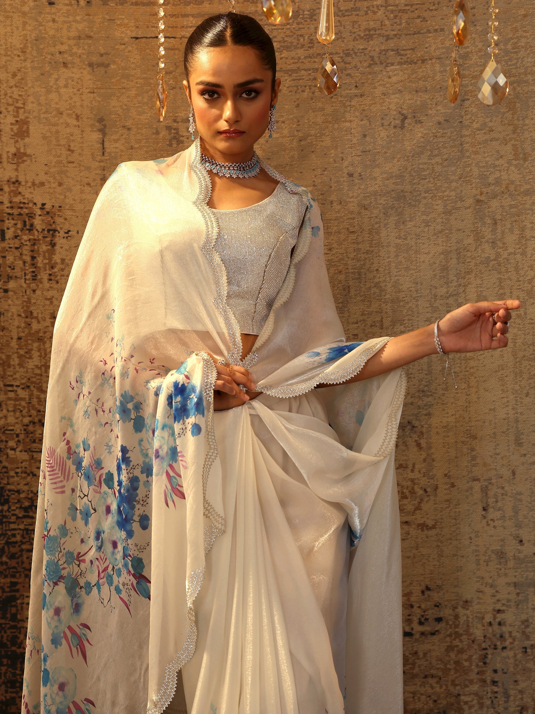 Blue Printed Satin Saree With Unstitched Blouse Piece-image-23