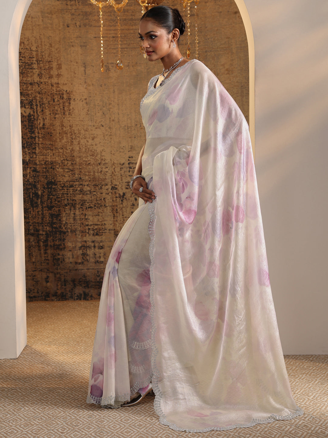  Lavender Printed Satin Saree With Unstitched Blouse Piece 