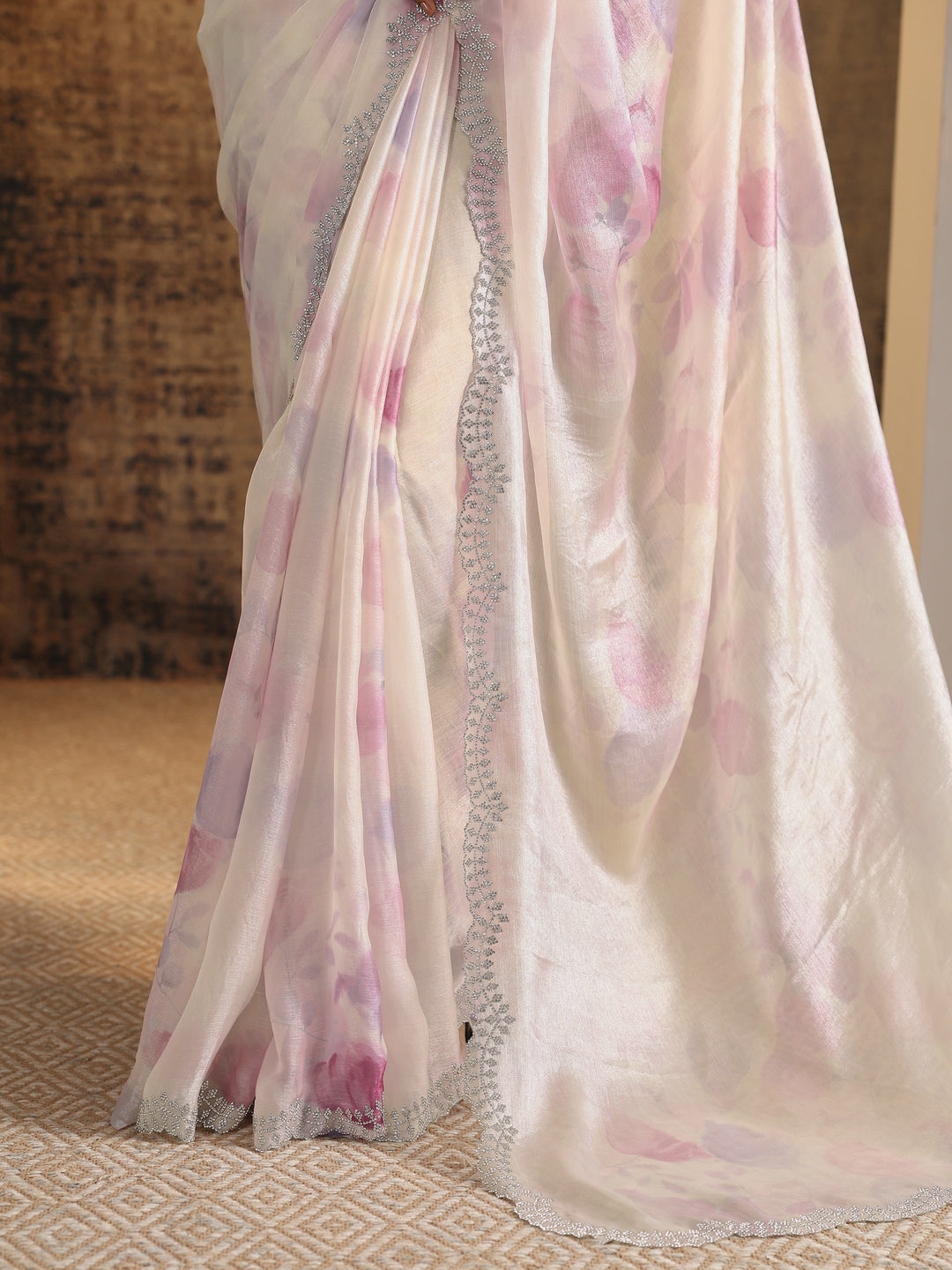  Lavender Printed Satin Saree With Unstitched Blouse Piece 