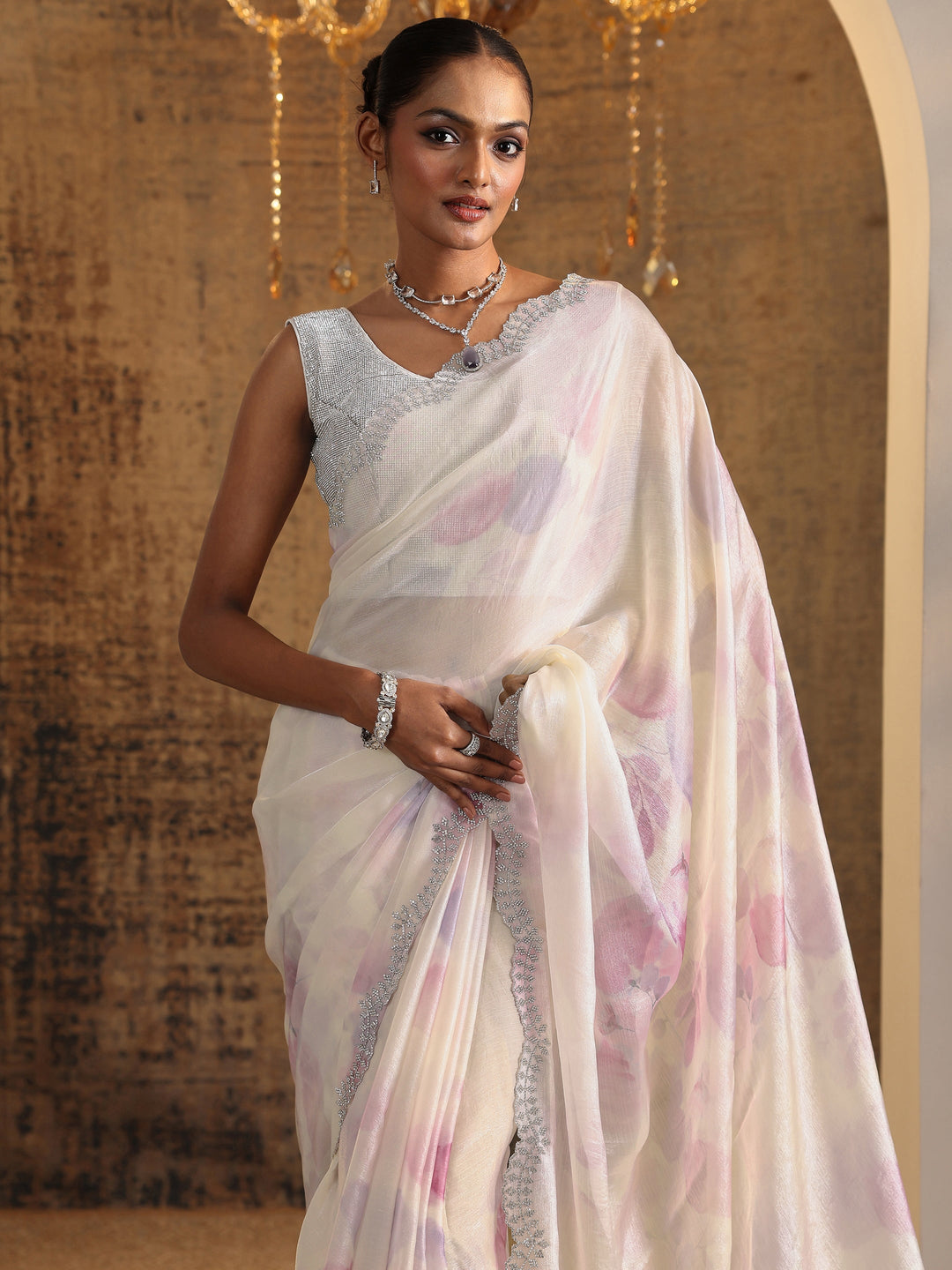  Lavender Printed Satin Saree With Unstitched Blouse Piece 