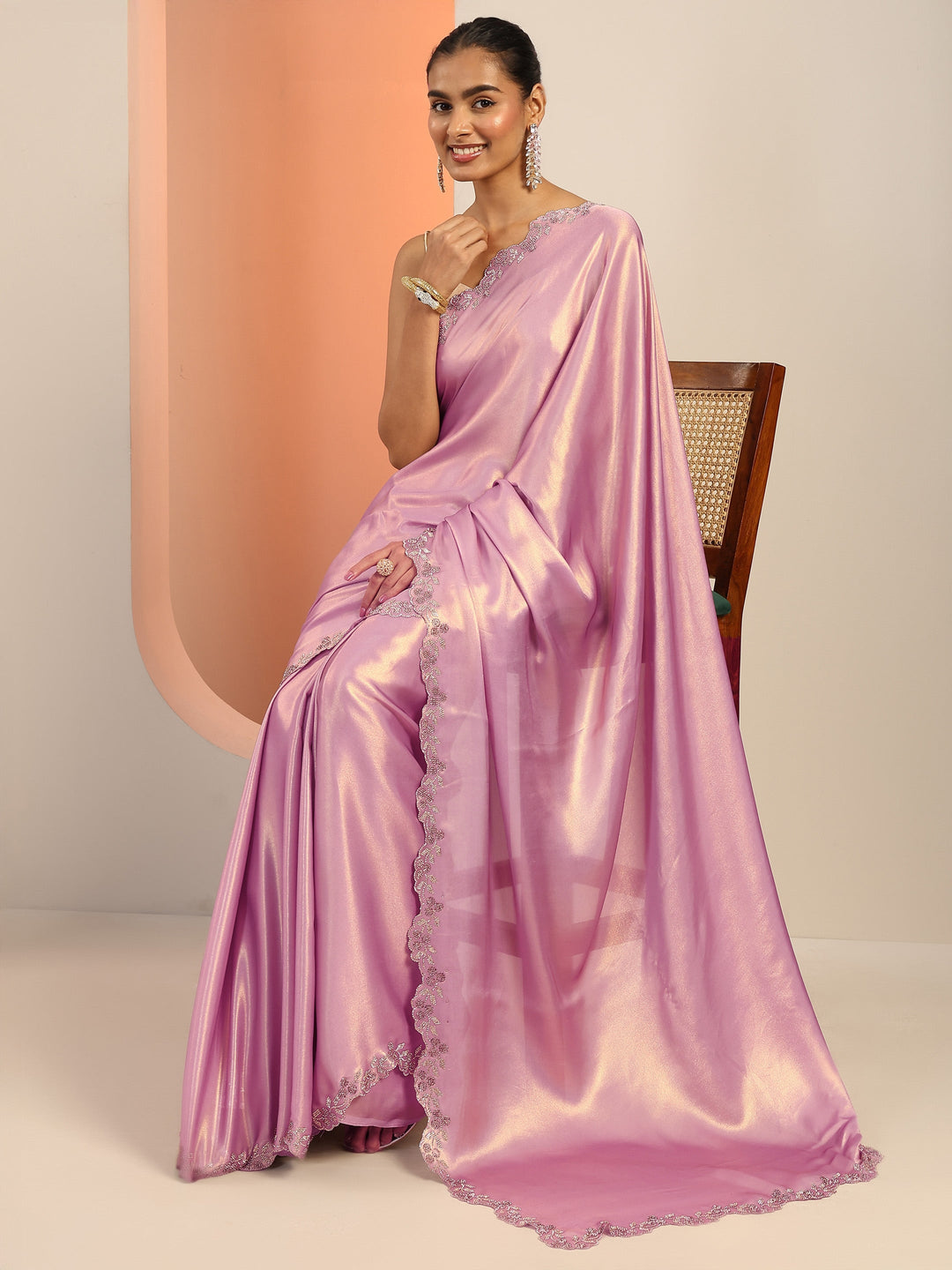  Lavender Solid Satin Saree With Unstitched Blouse Piece 