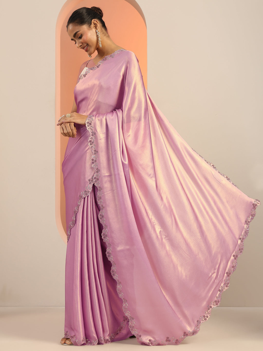  Lavender Solid Satin Saree With Unstitched Blouse Piece 