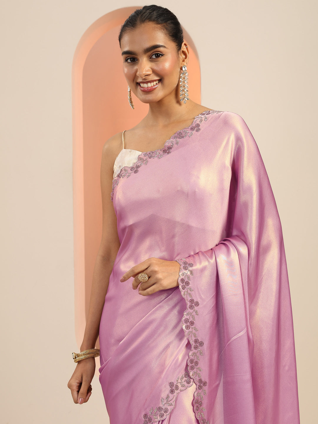  Lavender Solid Satin Saree With Unstitched Blouse Piece 