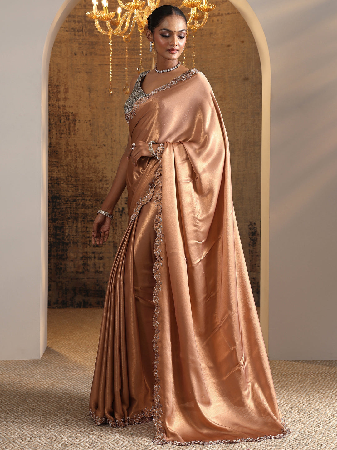  Brown Solid Satin Saree With Unstitched Blouse Piece 