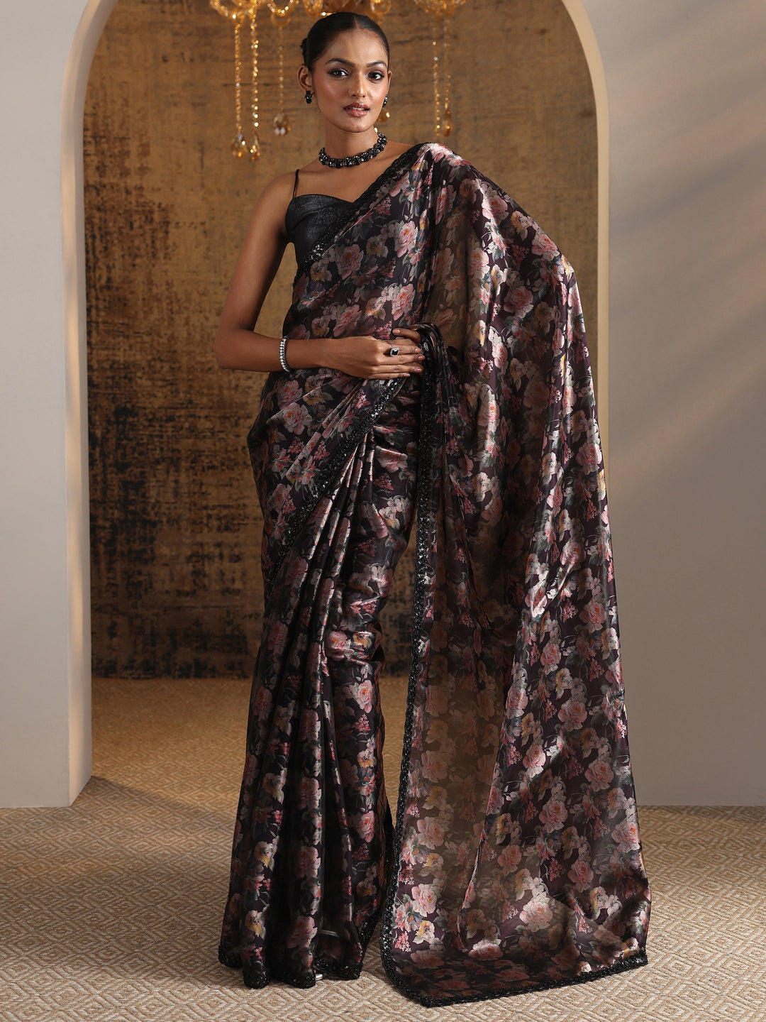 Black Printed Satin Saree With Unstitched Blouse Piece 