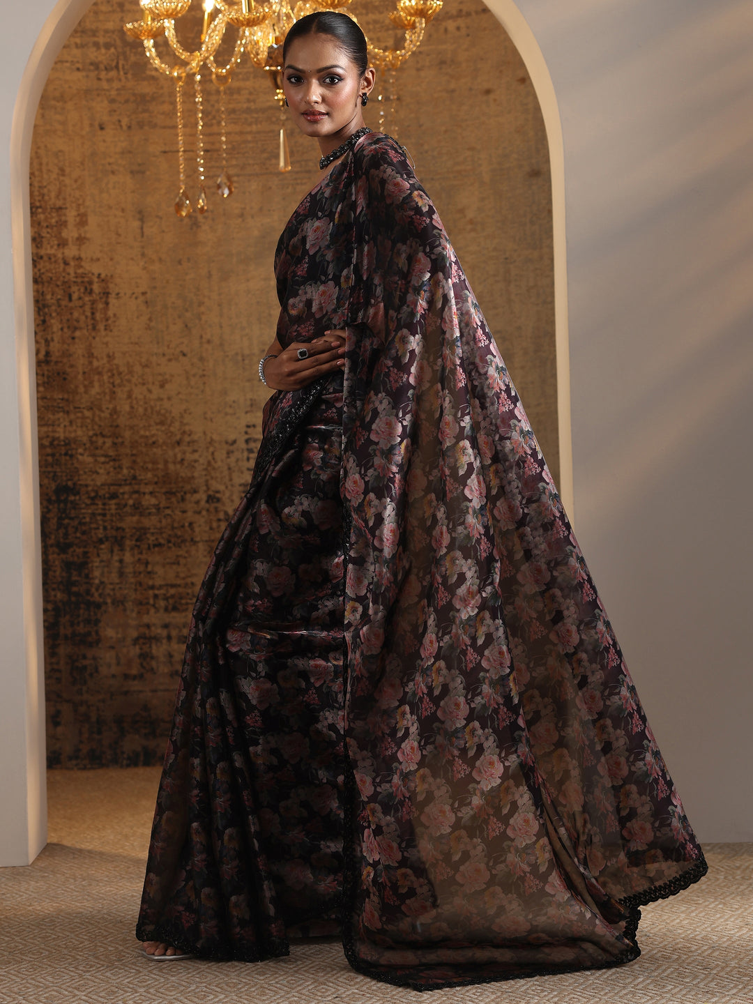  Black Printed Satin Saree With Unstitched Blouse Piece 