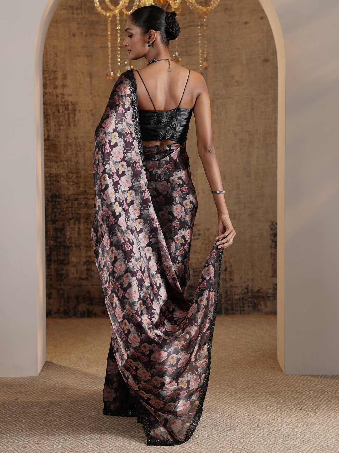  Black Printed Satin Saree With Unstitched Blouse Piece 