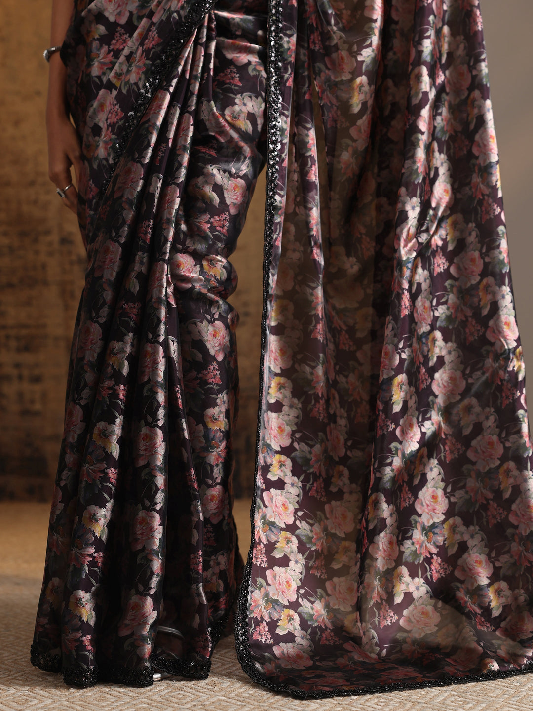  Black Printed Satin Saree With Unstitched Blouse Piece 