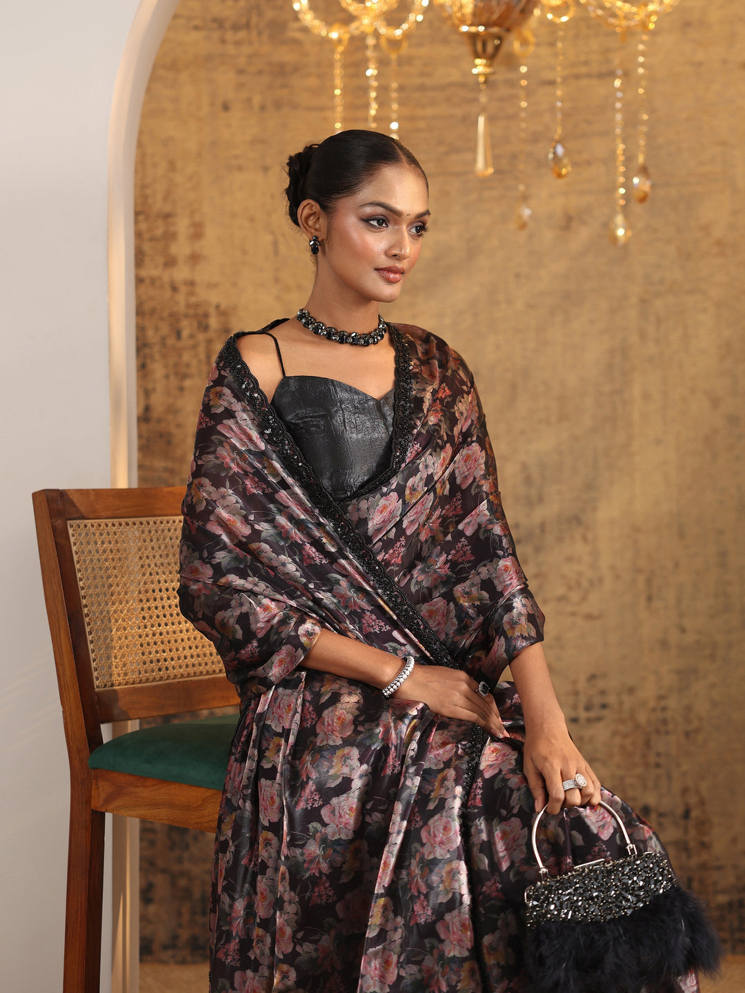  Black Printed Satin Saree With Unstitched Blouse Piece 
