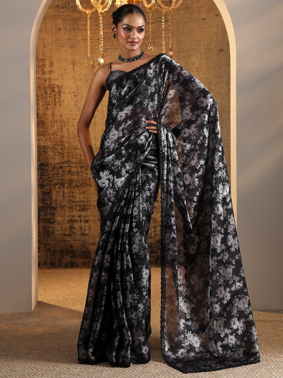  Black Printed Satin Saree With Unstitched Blouse Piece 