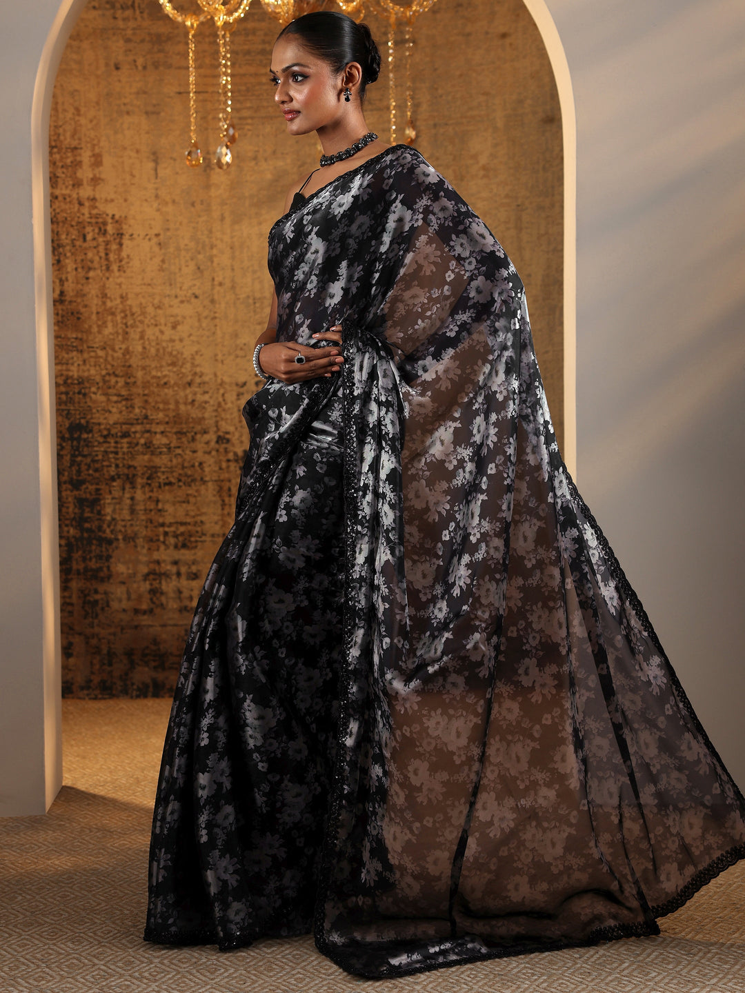  Black Printed Satin Saree With Unstitched Blouse Piece 