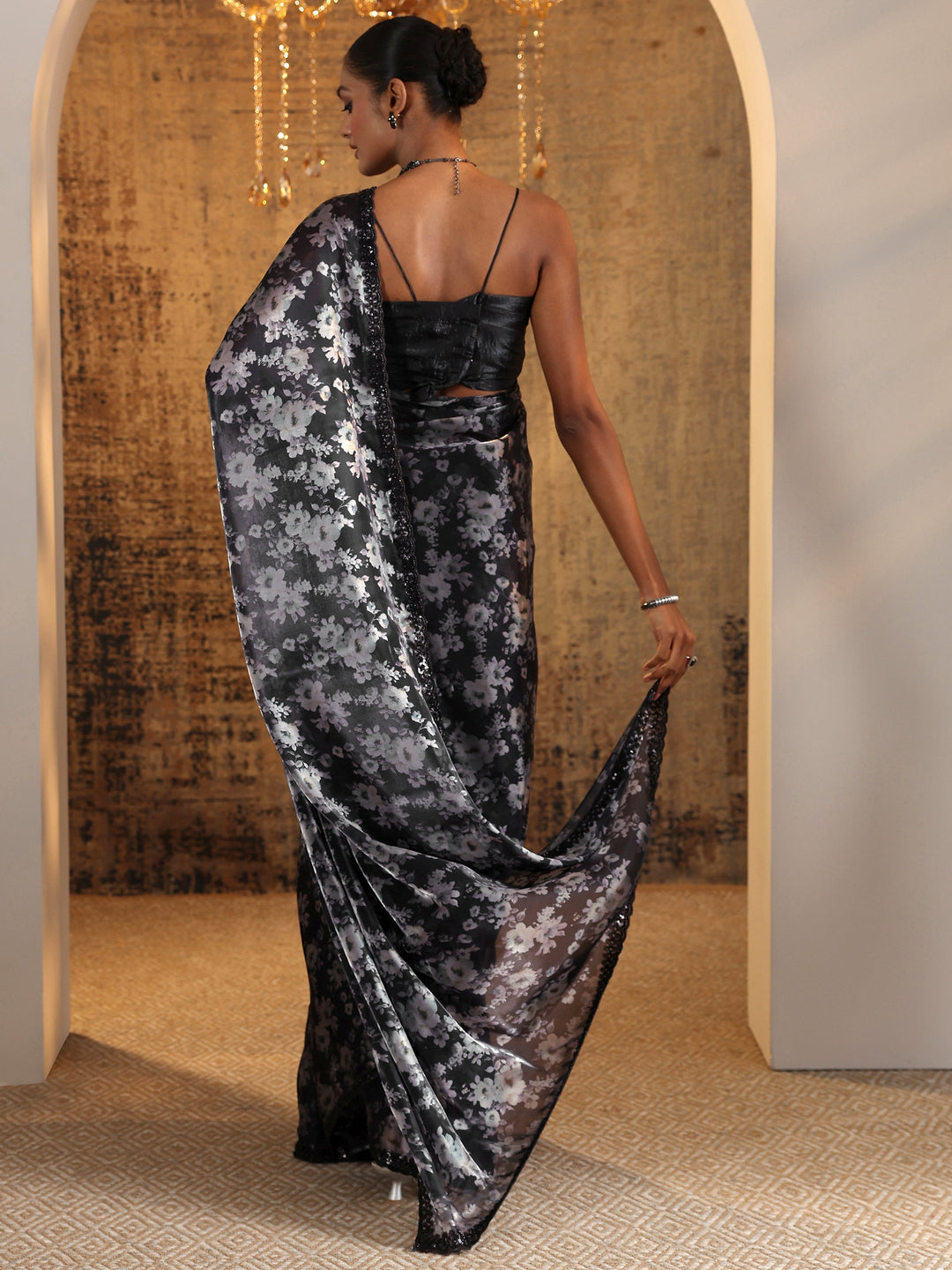  Black Printed Satin Saree With Unstitched Blouse Piece 