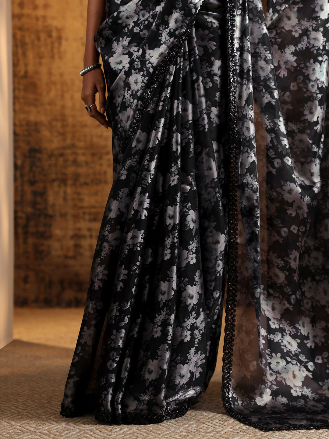  Black Printed Satin Saree With Unstitched Blouse Piece 