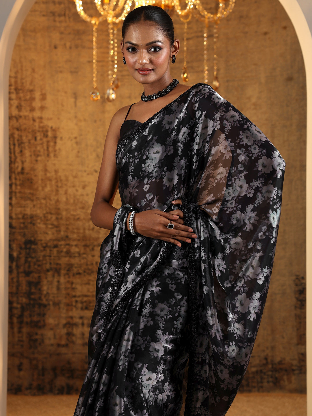  Black Printed Satin Saree With Unstitched Blouse Piece 