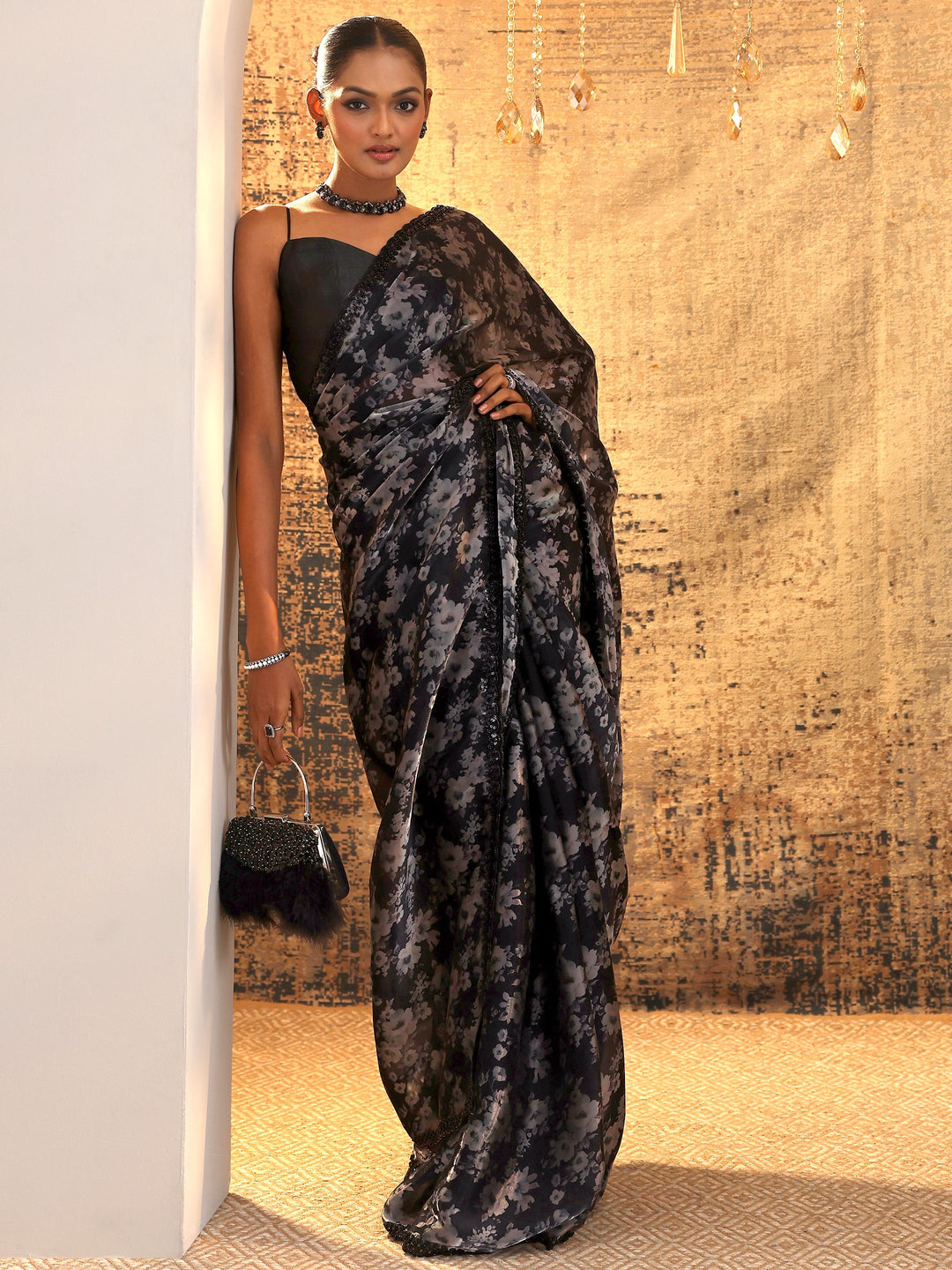  Black Printed Satin Saree With Unstitched Blouse Piece 