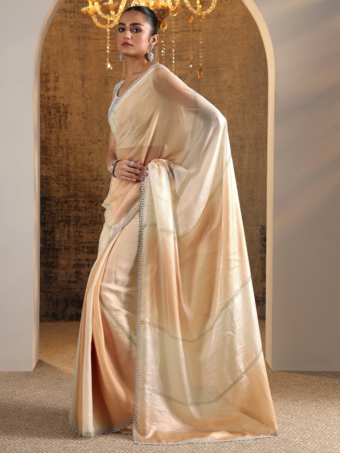 Peach Embellished Satin Saree With Unstitched Blouse Piece 