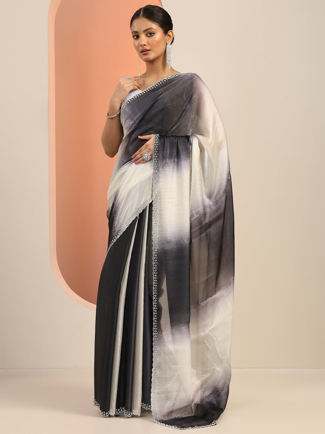  Grey Embellishments Satin Saree With Unstitched Blouse Piece 