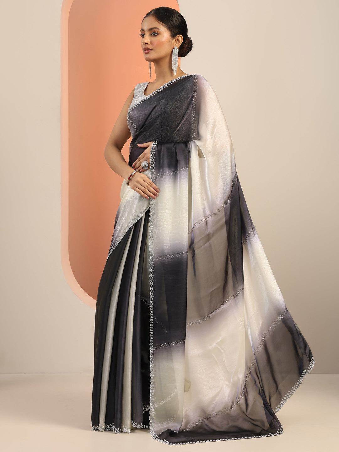  Grey Embellishments Satin Saree With Unstitched Blouse Piece 