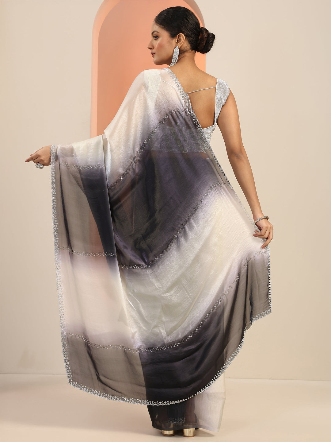  Grey Embellishments Satin Saree With Unstitched Blouse Piece 