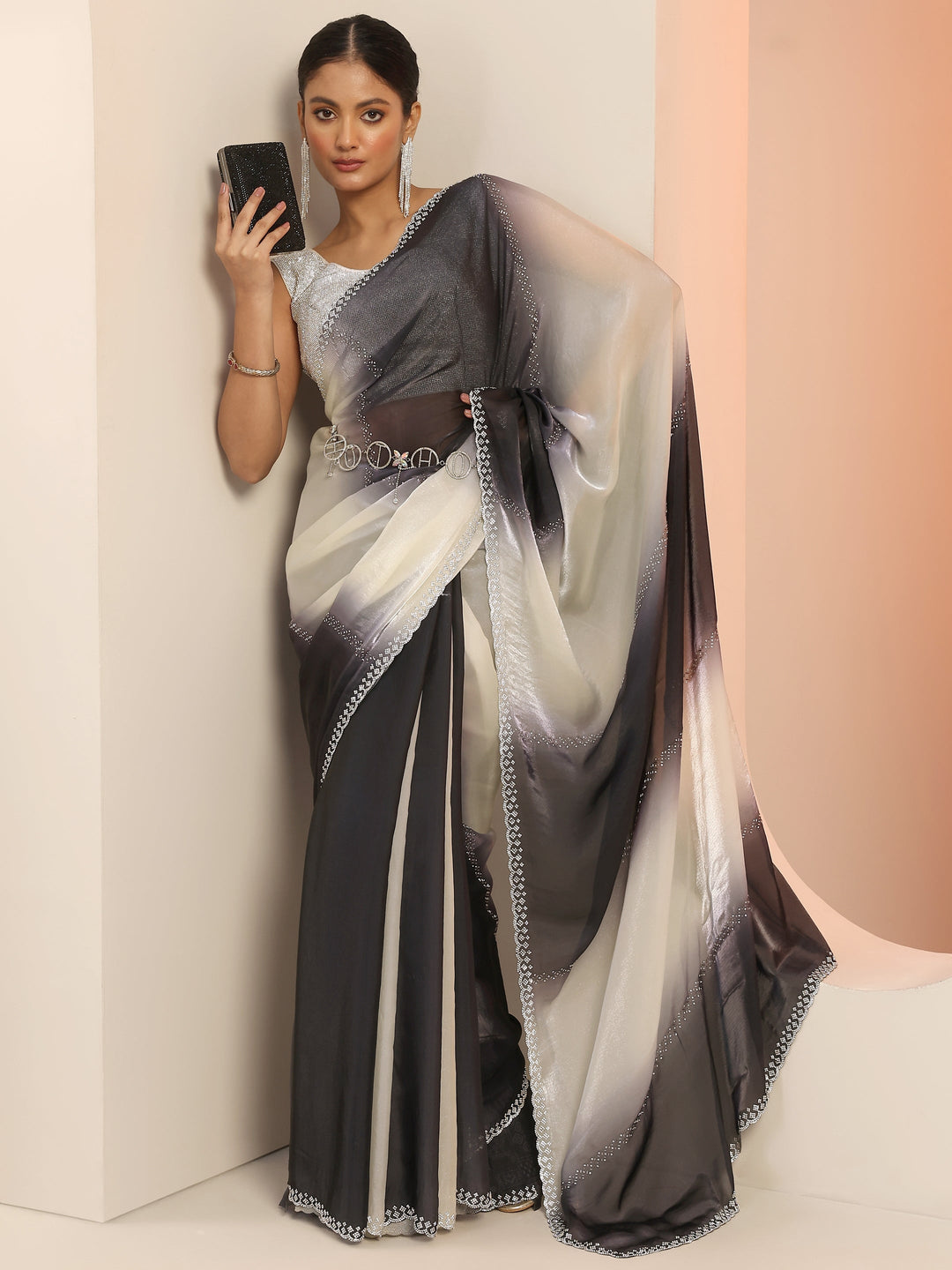  Grey Embellishments Satin Saree With Unstitched Blouse Piece 