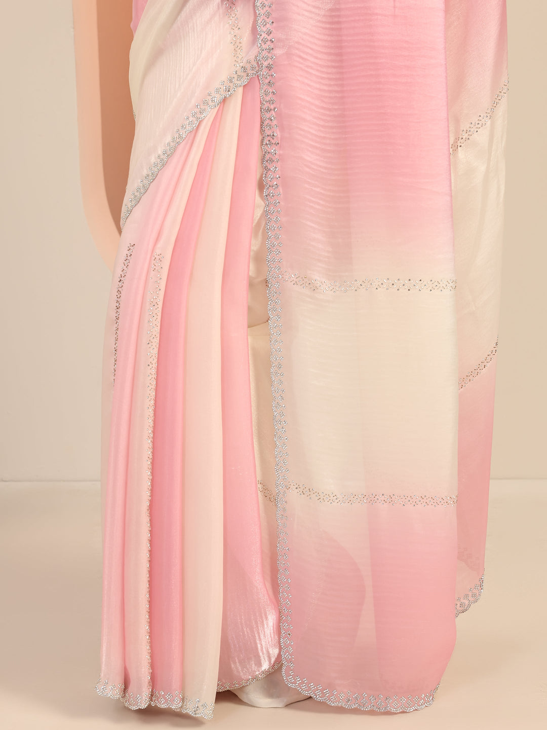  Pink Embellishments Satin Saree With Unstitched Blouse Piece 