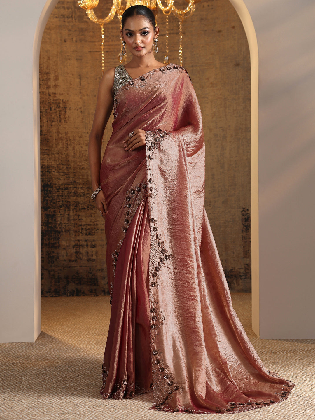  Pink Solid Satin Saree With Unstitched Blouse Piece 