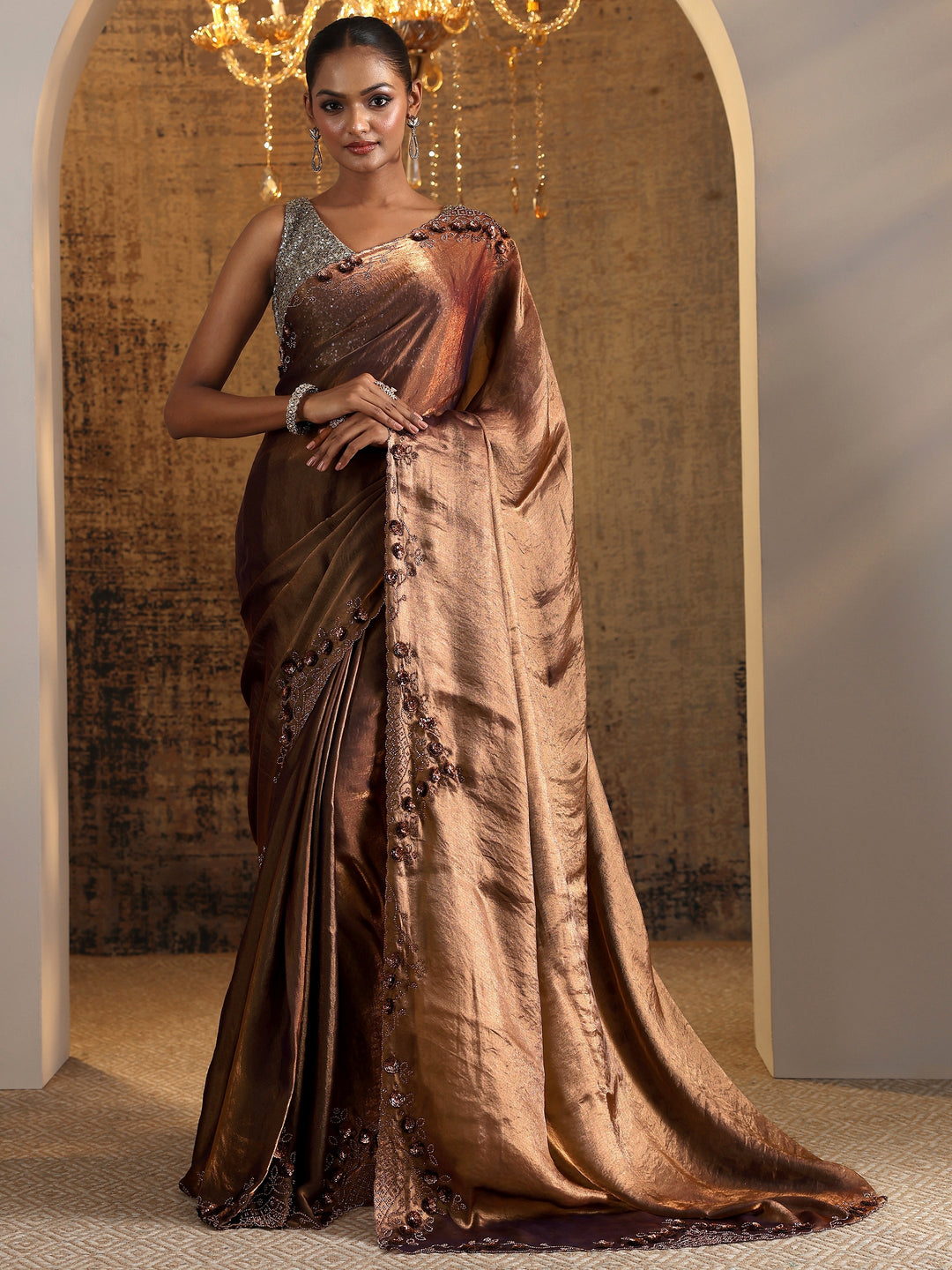  Copper Solid Satin Saree With Unstitched Blouse Piece 