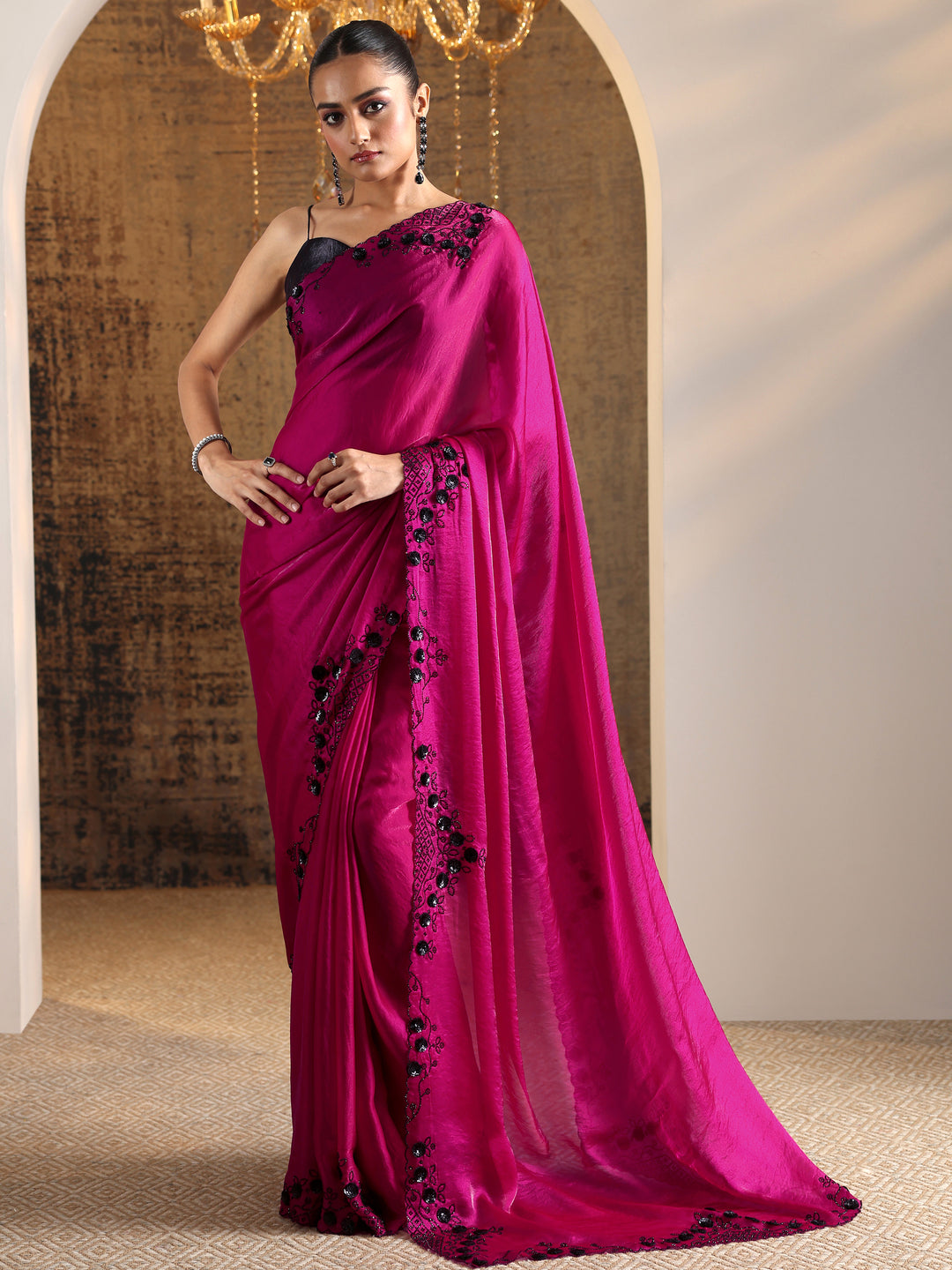  Magenta Embellished Satin Sarees With Unstitched Blouse Piece 