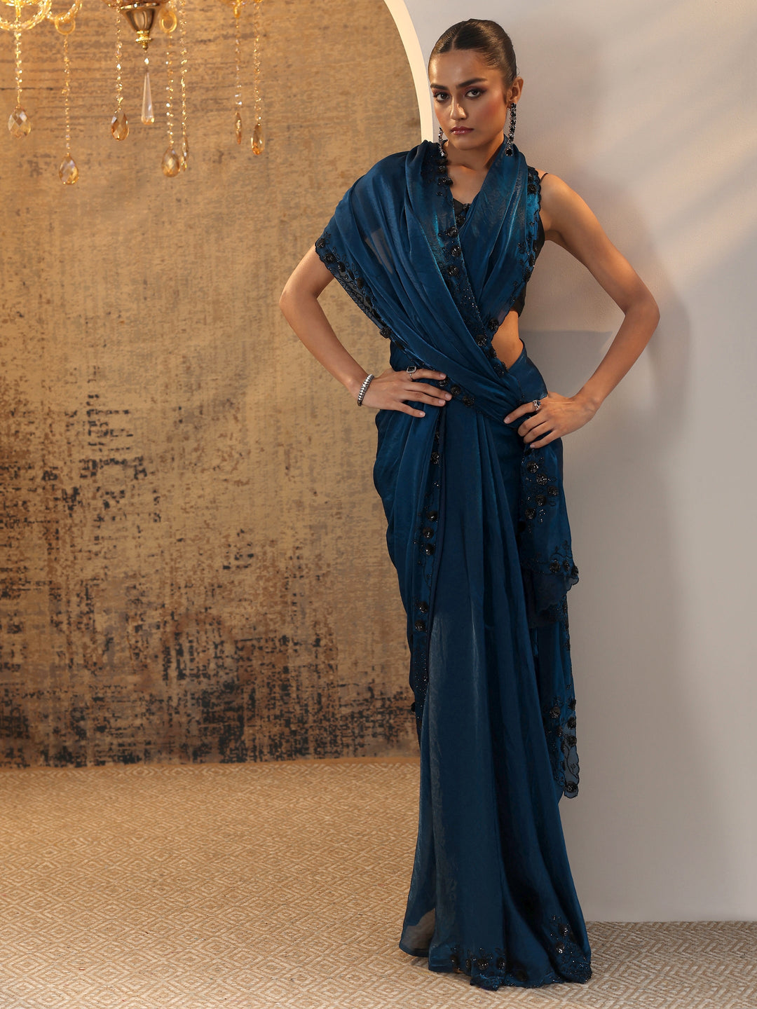  Navy Blue Solid Jimmy Choo Satin Saree With Unstitched Blouse Piece 