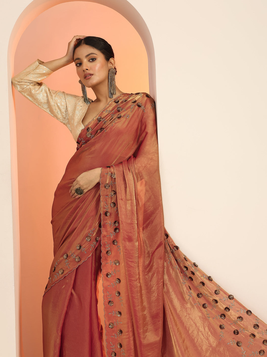  Copper Solid Satin Saree With Unstitched Blouse Piece 