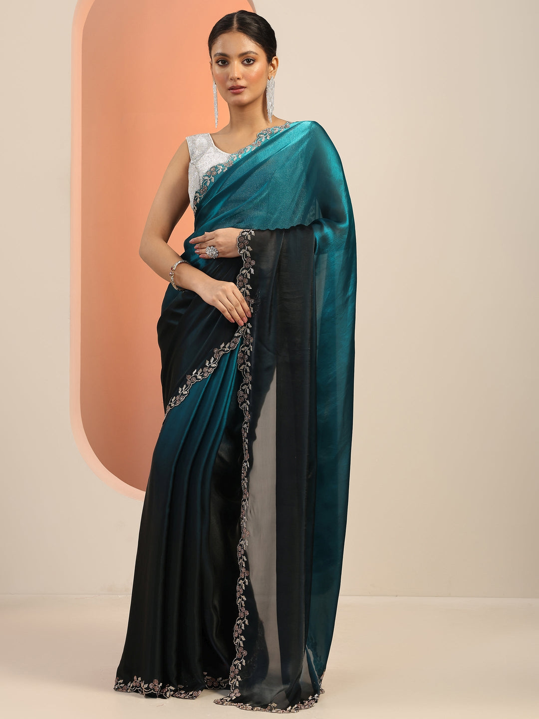  Teal Solid Satin Saree With Unstitched Blouse Piece 