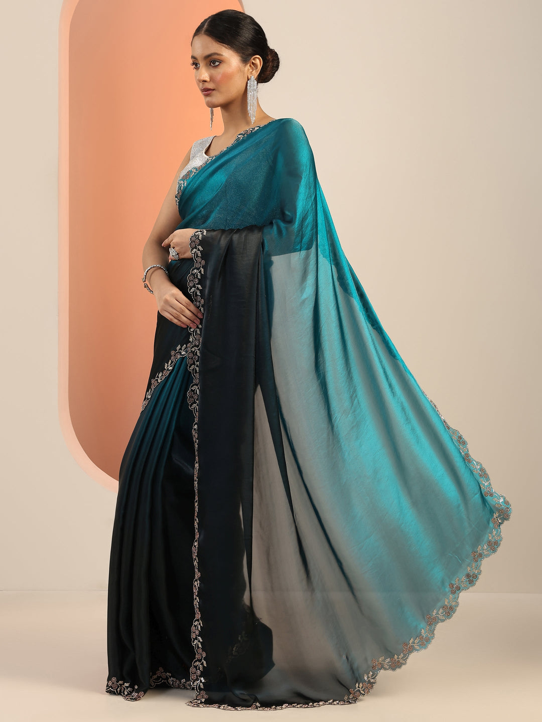  Teal Solid Satin Saree With Unstitched Blouse Piece 
