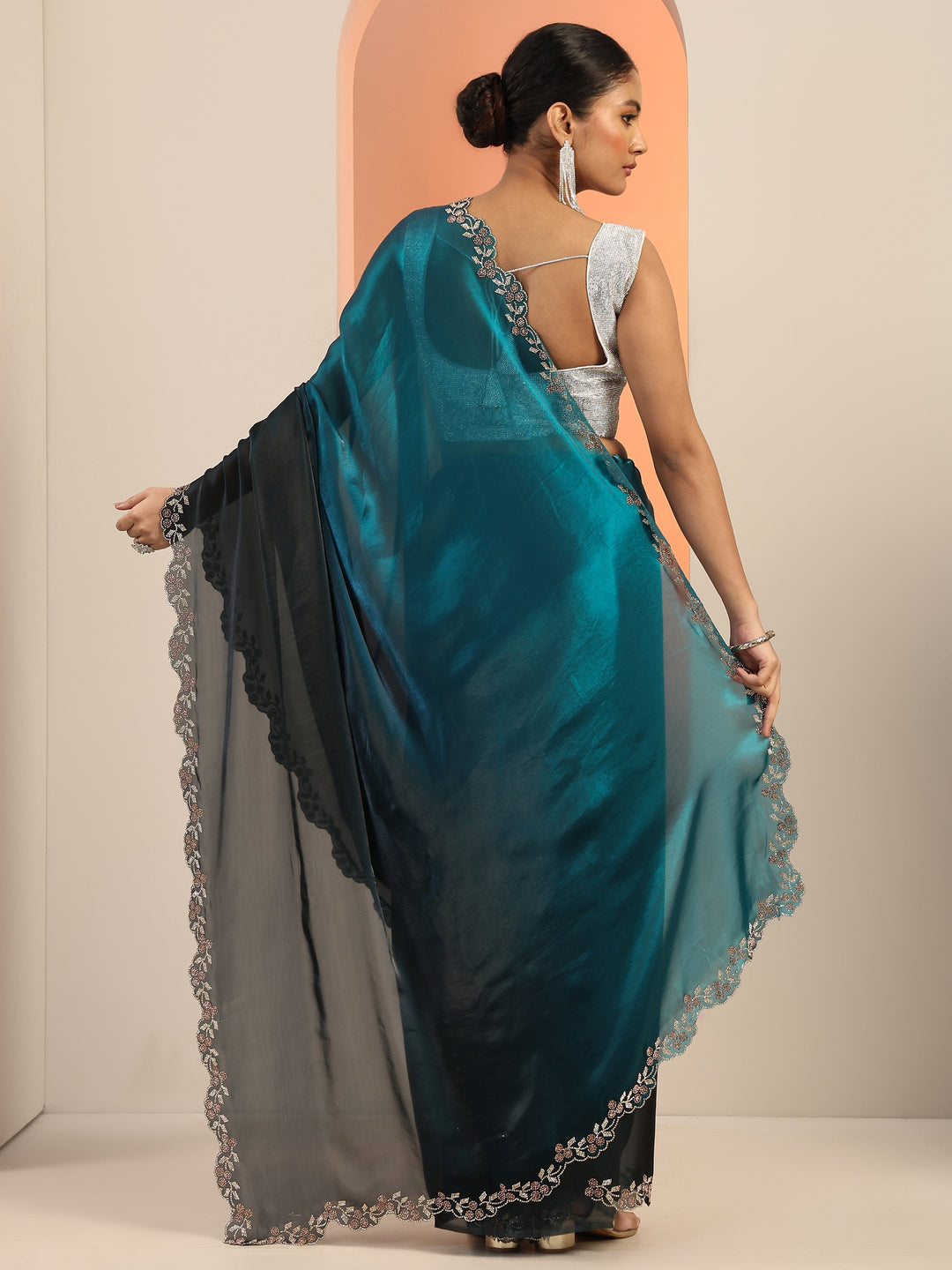  Teal Solid Satin Saree With Unstitched Blouse Piece 